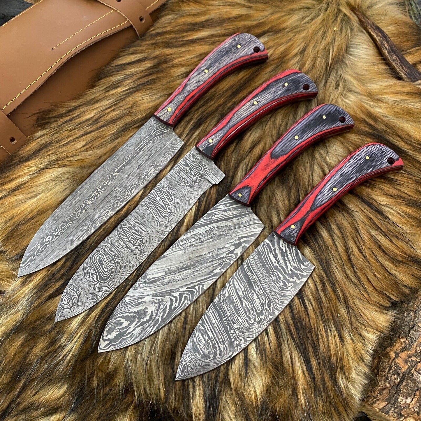 Custom Hand Forged Damascus Steel 4-Piece Kitchen Chef Knife Set with Leather Sheath