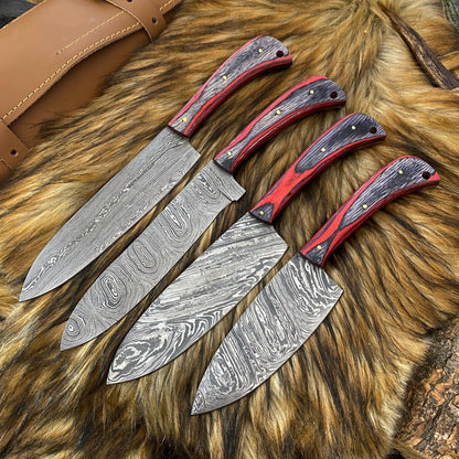 Custom Hand Forged Damascus Steel 4-Piece Kitchen Chef Knife Set with Leather Sheath