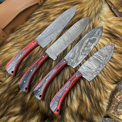 Custom Hand Forged Damascus Steel 4-Piece Kitchen Chef Knife Set with Leather Sheath
