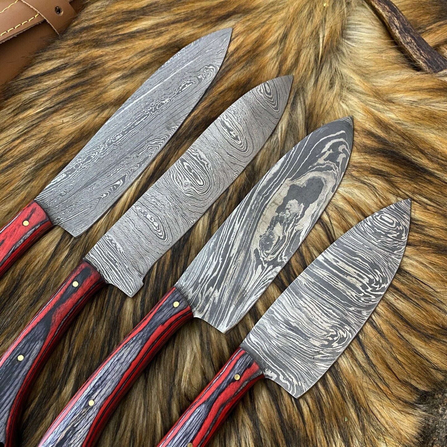 Custom Hand Forged Damascus Steel 4-Piece Kitchen Chef Knife Set with Leather Sheath