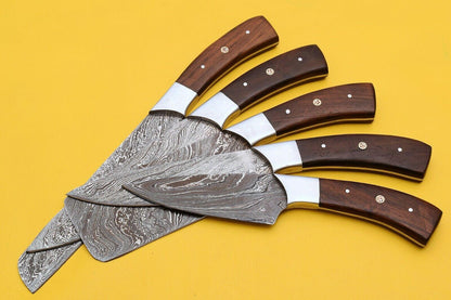 Handmade Damascus Kitchen Chef Knives Set with Rose Wood Handle