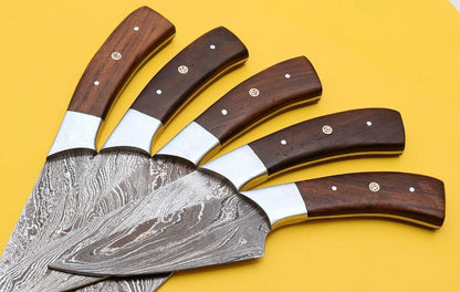 Handmade Damascus Kitchen Chef Knives Set with Rose Wood Handle