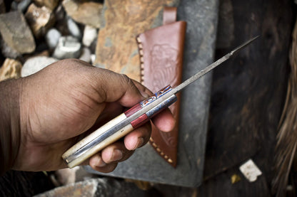Hand Crafted 9 Inch Skinner Knife w/Gut Hook Twist Damascus Bone Tactical w/ Leather Sheath