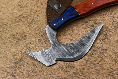Custom Handmade Damascus Steel Hard Wood Hunting Clever Chopper Axe Knife with Leather Sheath