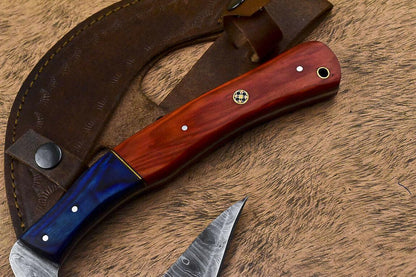 Custom Handmade Damascus Steel Hard Wood Hunting Clever Chopper Axe Knife with Leather Sheath