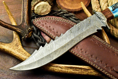 15" Laser Etched Damascus Bowie Knife | Stained Camel Bone Handle with Leather Sheath