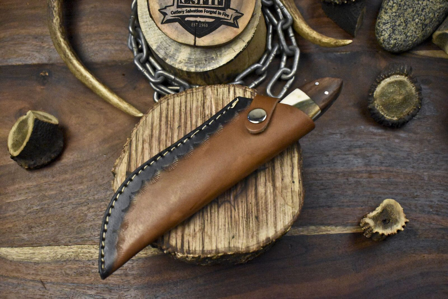 Edge Forged Twist Damascus Skinner Knife with Corian Handle and Wooden Bolster – Custom EDC Hunting Knife