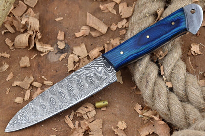 Custom Handmade Forged Damascus Steel Kitchen Chef Knife – 9" Blade with Blue Dollar Handle