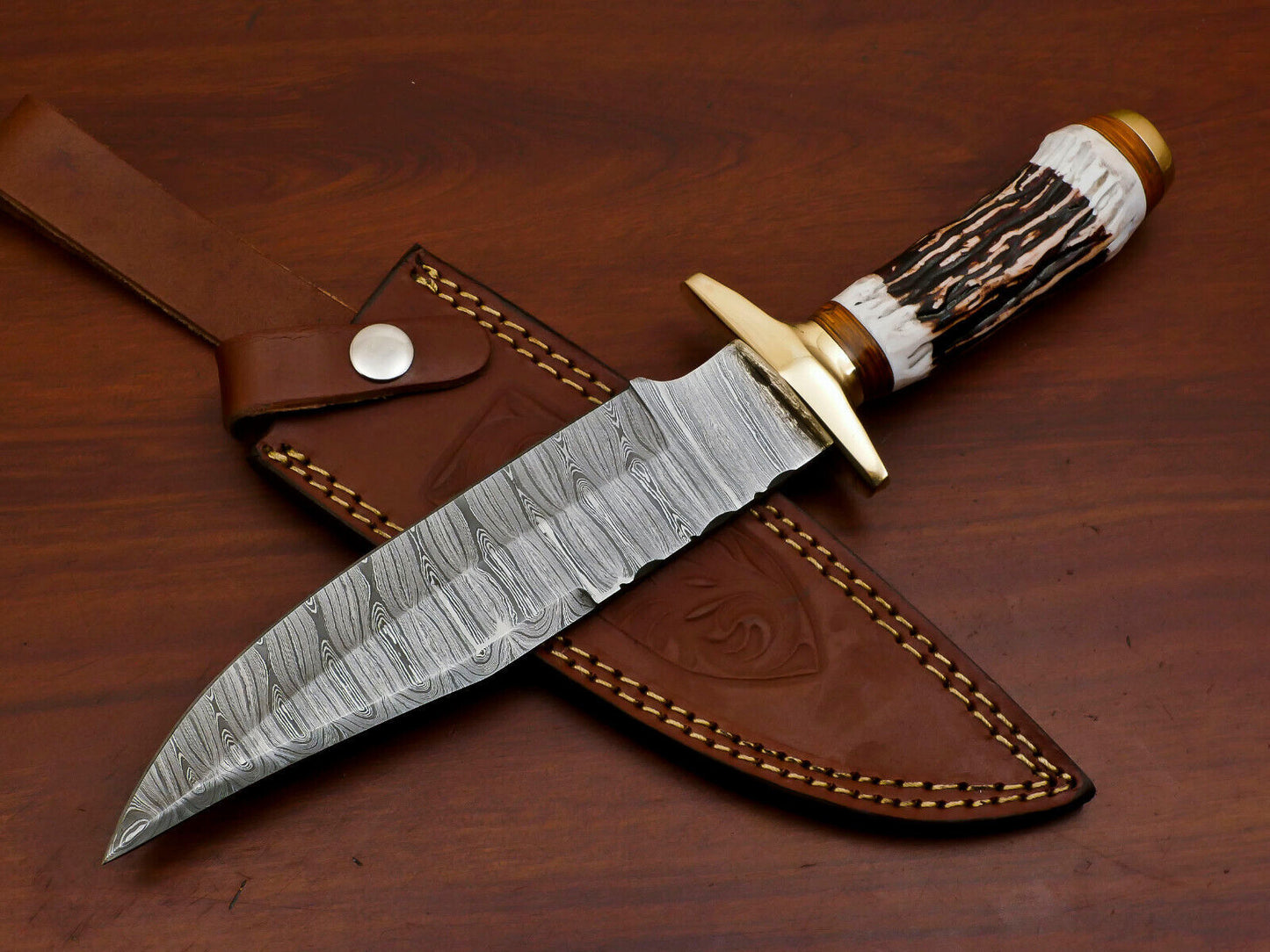 11.5 Inch Handmade Damascus Steel Bowie Knife with Stag and Pakka Wood Handle