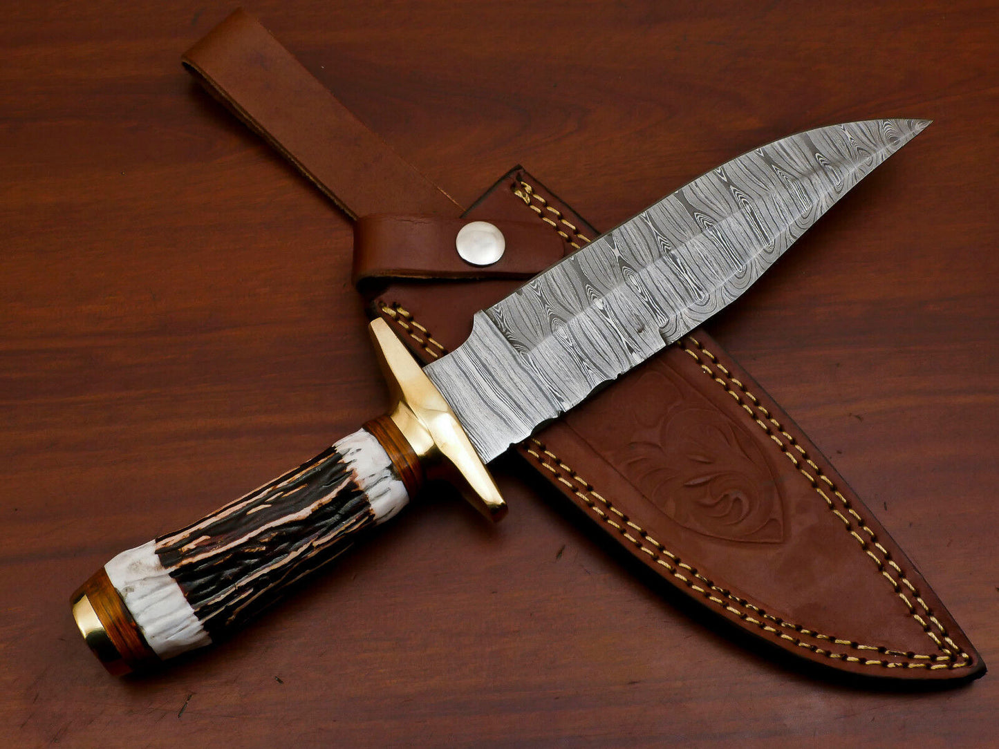 11.5 Inch Handmade Damascus Steel Bowie Knife with Stag and Pakka Wood Handle