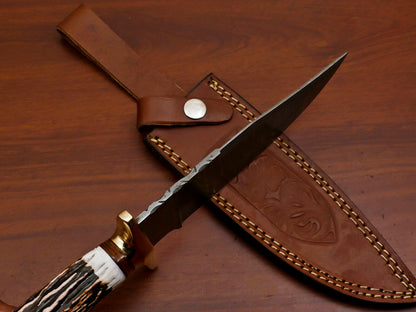 11.5 Inch Handmade Damascus Steel Bowie Knife with Stag and Pakka Wood Handle