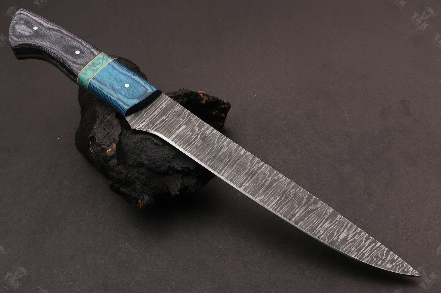 13.5" Handmade Fire Damascus Steel Fillet Knife Damascus Fillet Knife With Leather Sheath