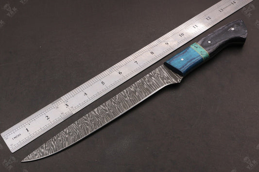 13.5" Handmade Fire Damascus Steel Fillet Knife Damascus Fillet Knife With Leather Sheath