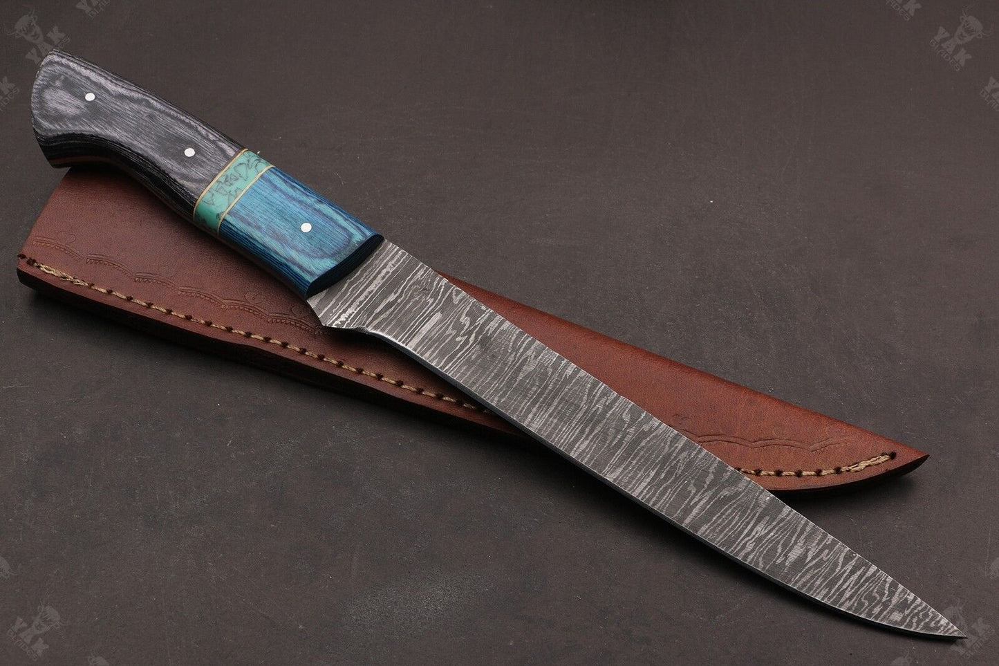 13.5" Handmade Fire Damascus Steel Fillet Knife Damascus Fillet Knife With Leather Sheath