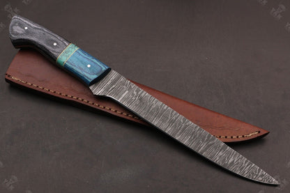 13.5" Handmade Fire Damascus Steel Fillet Knife Damascus Fillet Knife With Leather Sheath
