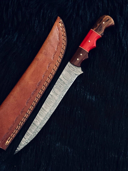 13" Twist Damascus Fillet Bowie Knife – Bone & Wood Handle