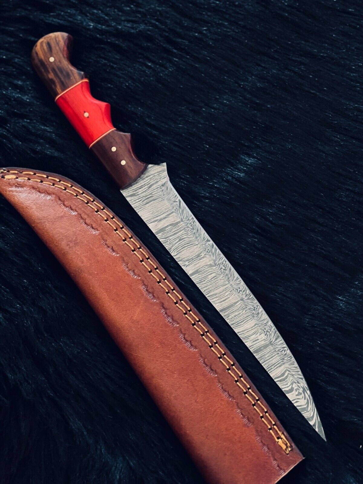 13" Twist Damascus Fillet Bowie Knife – Bone & Wood Handle