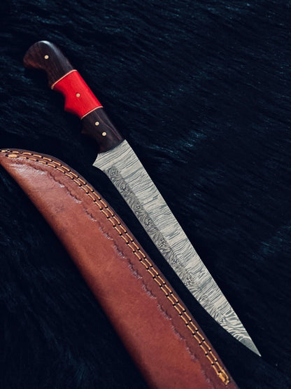 13" Twist Damascus Fillet Bowie Knife – Bone & Wood Handle