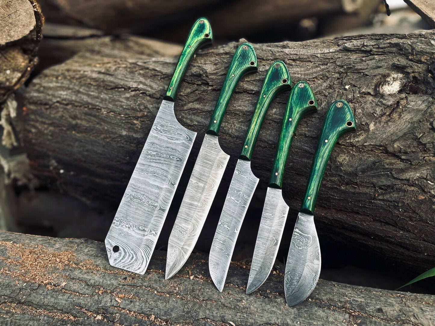 Damascus Kitchen Knife Set with Wood Handle – Hand-Forged Chef Knives + Leather Roll Bag
