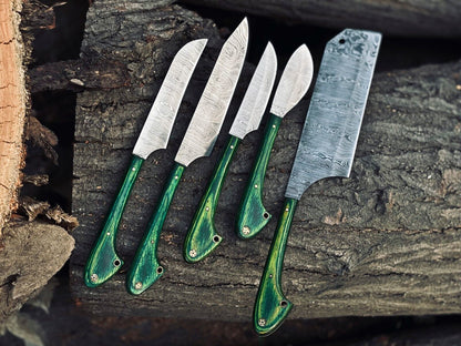 Damascus Kitchen Knife Set with Wood Handle – Hand-Forged Chef Knives + Leather Roll Bag