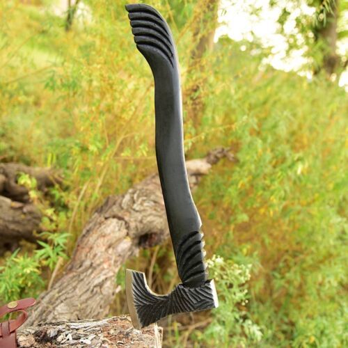 Handmade High Carbon Steel Tomahawk Viking Axe – Bearded Hatchet with Engraved Wood Handle and Leather Sheath