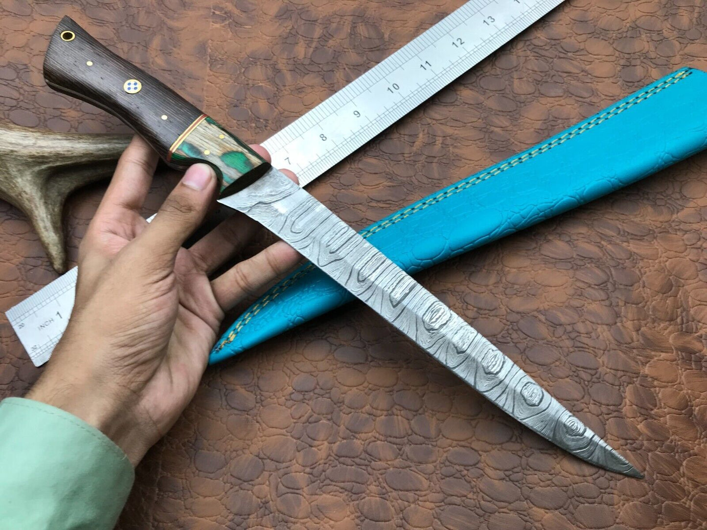 14" Handmade Damascus Steel Camping Fillet Knife With Pakka Wood Handle & Sheath