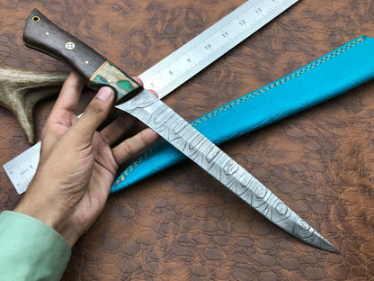 14" Handmade Damascus Steel Camping Fillet Knife With Pakka Wood Handle & Sheath