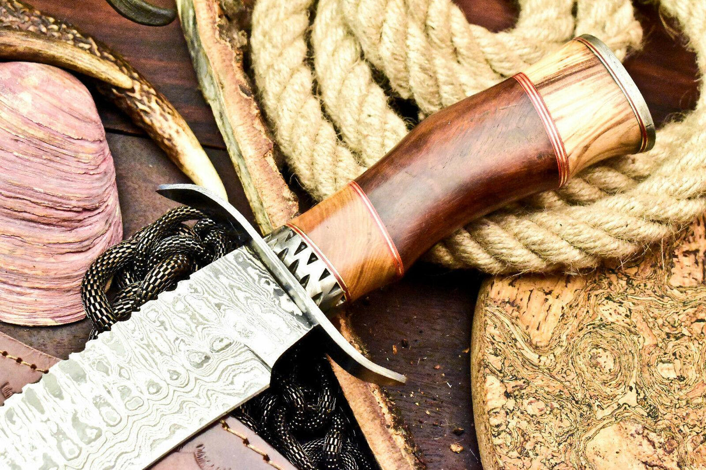 Custom 17.5" Handmade Damascus Bowie Hunting Knife – Walnut Wood Handle with Leather Sheath