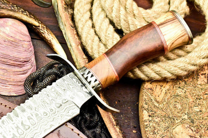 Custom 17.5" Handmade Damascus Bowie Hunting Knife – Walnut Wood Handle with Leather Sheath
