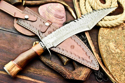 Custom 17.5" Handmade Damascus Bowie Hunting Knife – Walnut Wood Handle with Leather Sheath