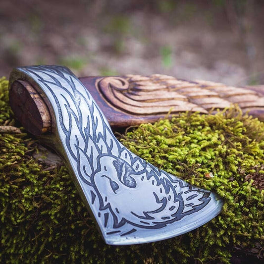 Handmade Forged Carbon Steel Viking Axe – Ash Wood Shaft Lion Head Design with Leather Sheath