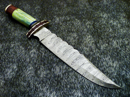 Authentic Hand Forged Damascus Bowie Hunting Knife | Stained Camel Bone Handle