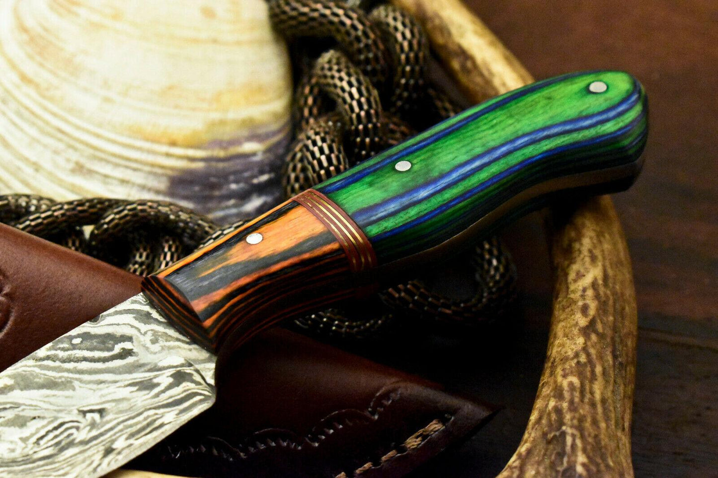 7” Handmade Damascus Bowie Knife | Hardwood Handle & Leather Sheath