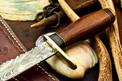 9.75" Damascus Hunting Knife – Walnut Wood Handle with Leather Sheath