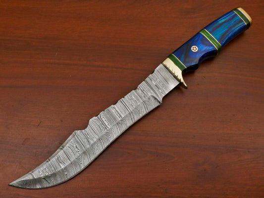 14" Handmade Damascus Bowie Knife – Pakka Wood Handle & Brass Guard