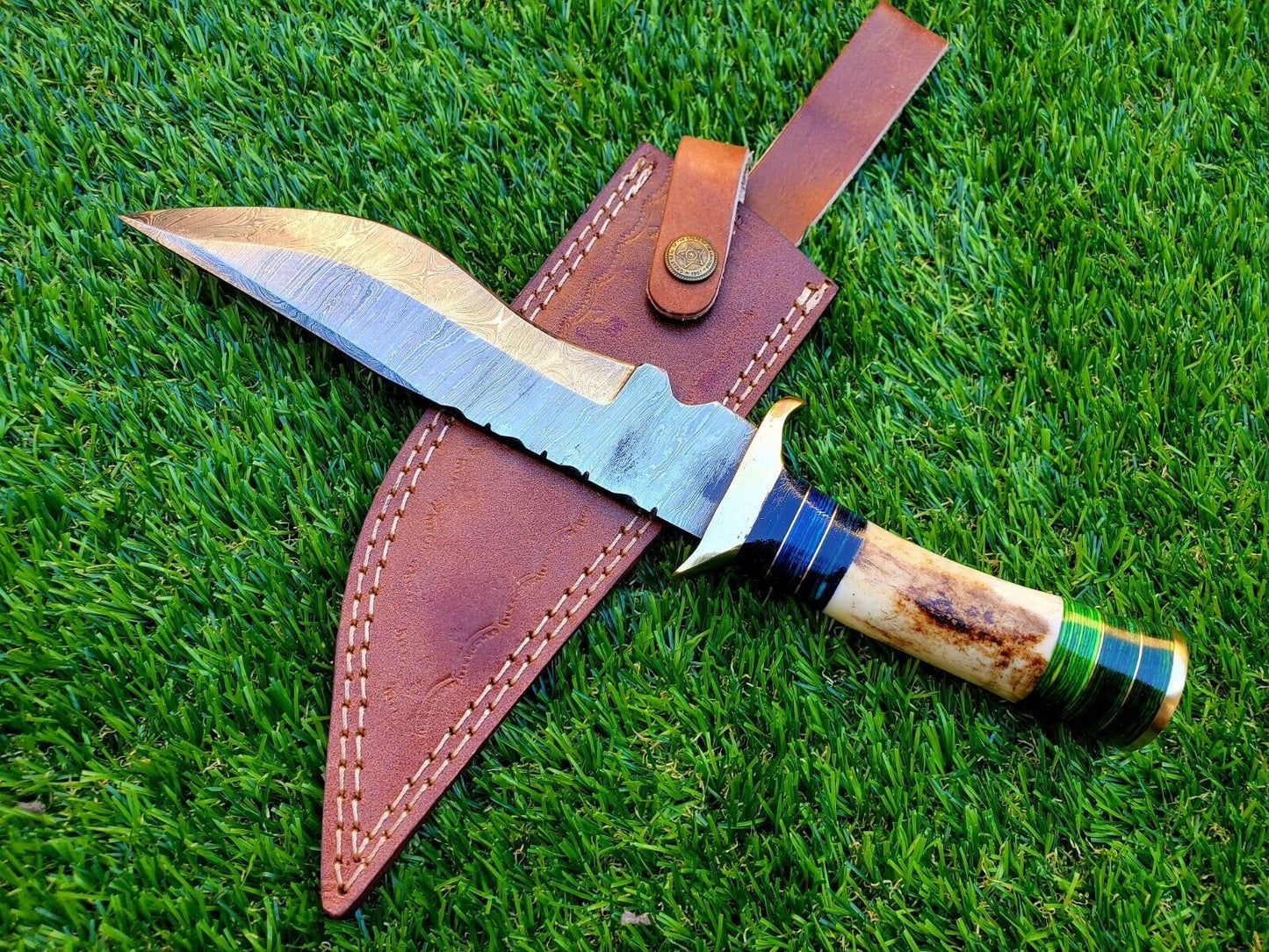 12 Inch Handmade Damascus Steel Hunting Bowie Knife with Deer Antler Handle by Heritage Forge