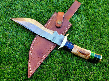 12 Inch Handmade Damascus Steel Hunting Bowie Knife with Deer Antler Handle by Heritage Forge