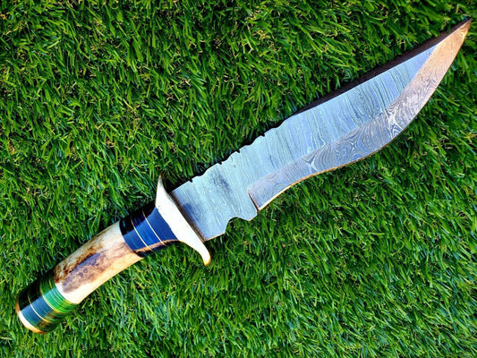 12 Inch Handmade Damascus Steel Hunting Bowie Knife with Deer Antler Handle by Heritage Forge