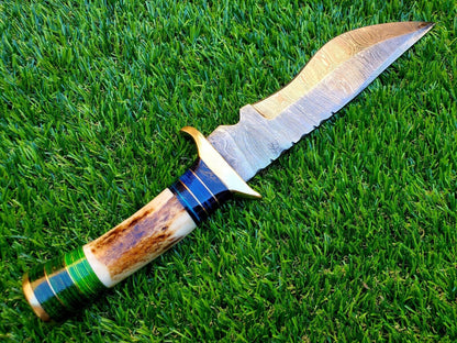 12 Inch Handmade Damascus Steel Hunting Bowie Knife with Deer Antler Handle by Heritage Forge