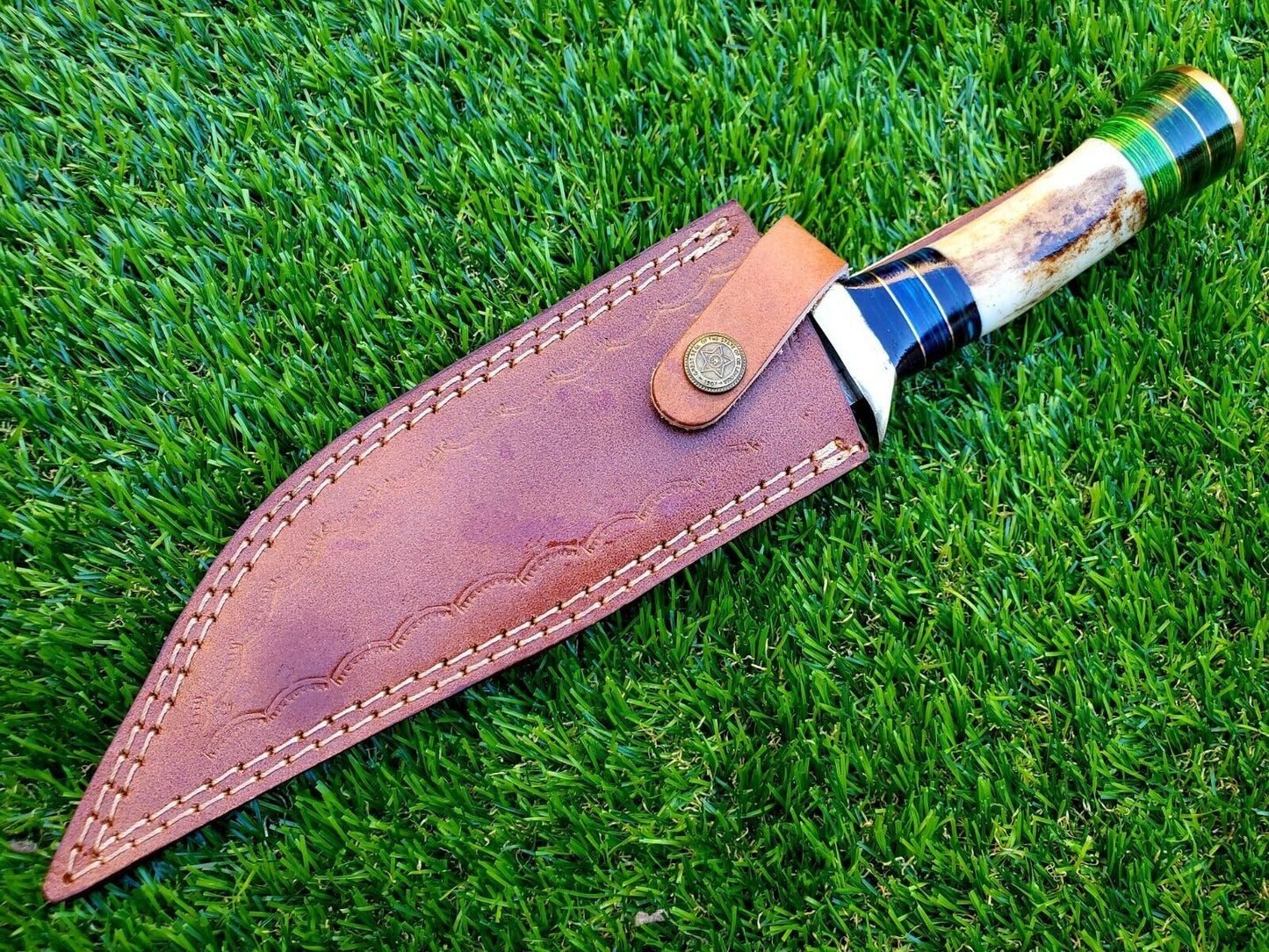 12 Inch Handmade Damascus Steel Hunting Bowie Knife with Deer Antler Handle by Heritage Forge