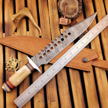 16 Inch Damascus Steel Bowie Knife with Camel Bone Handle and Leather Sheath