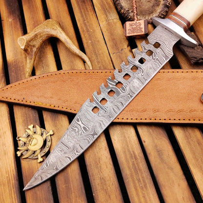 16 Inch Damascus Steel Bowie Knife with Camel Bone Handle and Leather Sheath