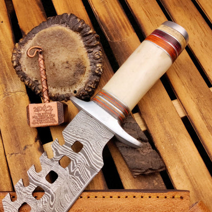 16 Inch Damascus Steel Bowie Knife with Camel Bone Handle and Leather Sheath