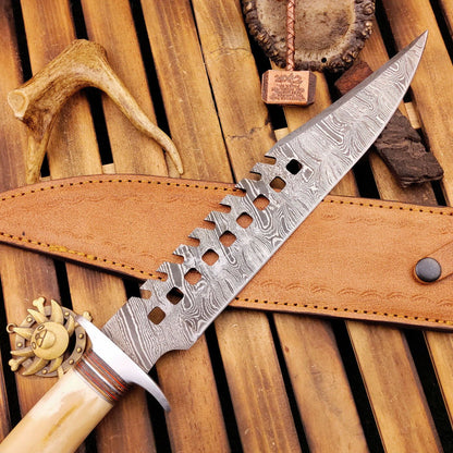 16 Inch Damascus Steel Bowie Knife with Camel Bone Handle and Leather Sheath