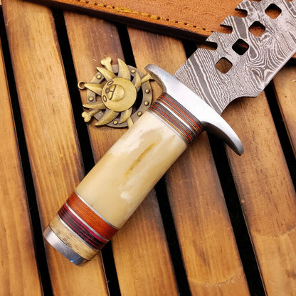 16 Inch Damascus Steel Bowie Knife with Camel Bone Handle and Leather Sheath