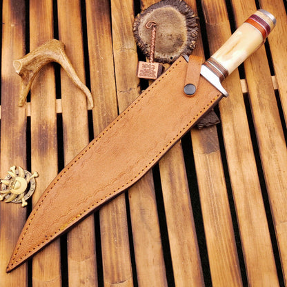 16 Inch Damascus Steel Bowie Knife with Camel Bone Handle and Leather Sheath