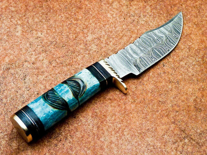 Custom Damascus Steel Bowie Knife – 8 Inch Fixed Blade Hunting & Camping Knife with Engraved Camel Bone Handle