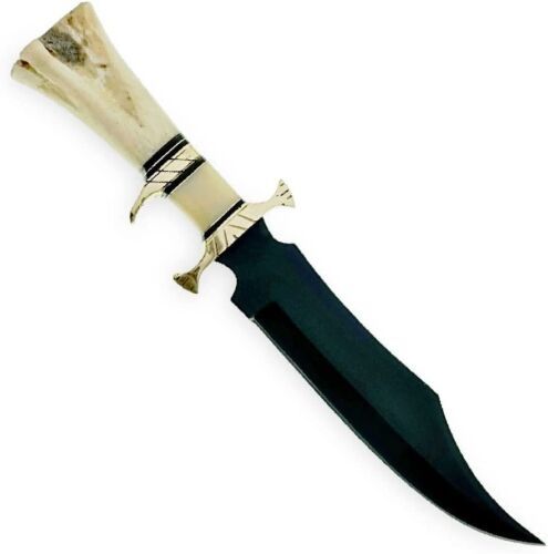 12" Custom Damascus Bowie Knife – Raindrop Pattern Blade with Camel Bone Handle