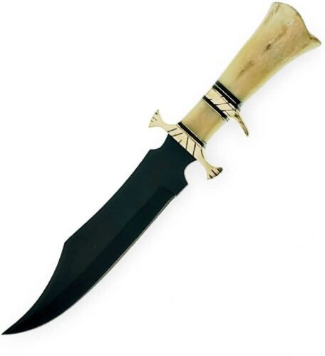12" Custom Damascus Bowie Knife – Raindrop Pattern Blade with Camel Bone Handle