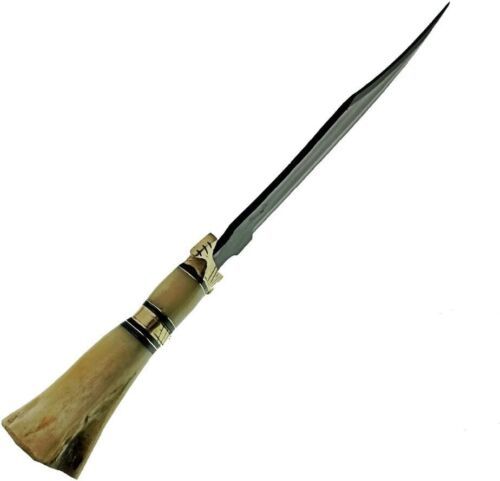 12" Custom Damascus Bowie Knife – Raindrop Pattern Blade with Camel Bone Handle